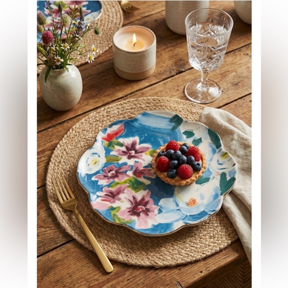Anthropologie Anais Blue Motif Floral Stoneware Dessert Side Plate Scalloped 8”